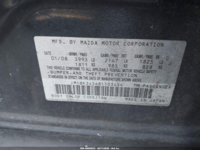 Aukcja sprzedaży 2008 Mazda Mazda3 S Touring, vin: JM1BK343681103454, numer aukcji: 45865533
