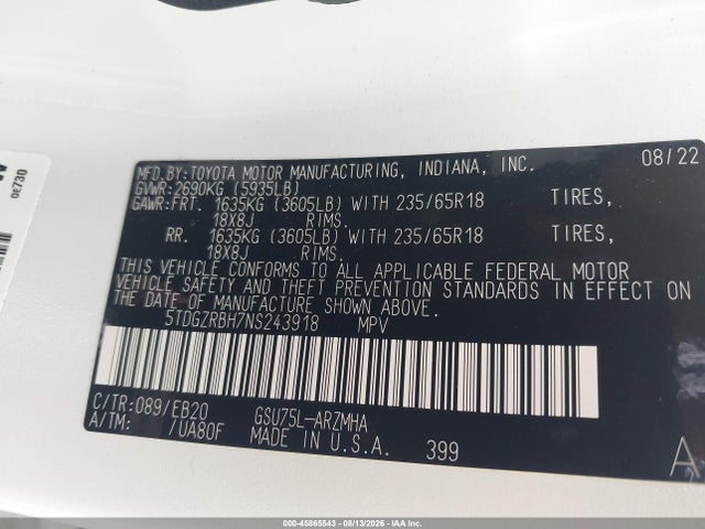 2022 Toyota Highlander Xle მანქანა იყიდება აუქციონზე, vin: 5TDGZRBH7NS243918, აუქციონის ნომერი: 45865543