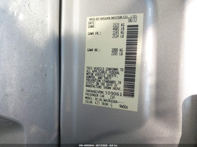 Продаж на аукціоні авто 2022 Nissan Maxima Sv Xtronic Cvt, vin: 1N4AA6CV0NC509061, номер лоту: 45865544