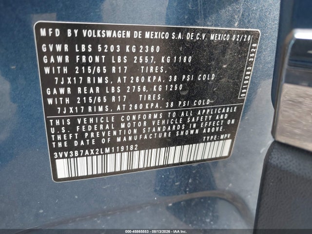 Продаж на аукціоні авто 2020 Volkswagen Tiguan 2.0t Se/2.0t Se R-line Black/2.0t Sel, vin: 3VV3B7AX2LM119182, номер лоту: 45865553