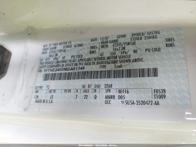 Aukcja sprzedaży 2008 Ford E-250 Commercial/recreational, vin: 1FTNE24W58DA61348, numer aukcji: 45865557