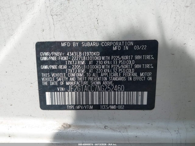 Продажа на аукционе авто 2022 Subaru Crosstrek Premium, vin: JF2GTACC7NG252460, номер лота: 45865574
