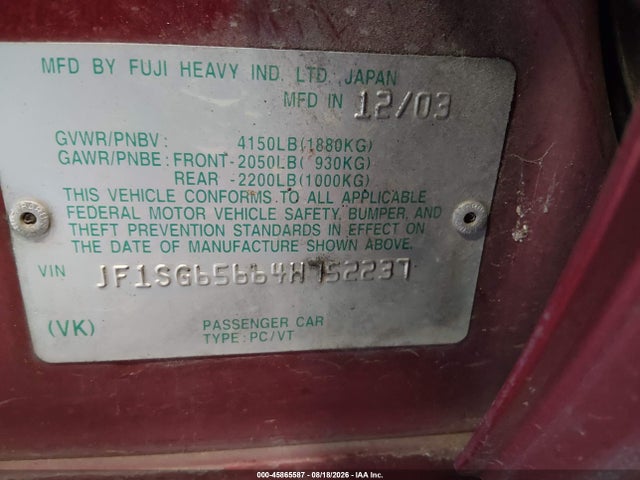 Продаж на аукціоні авто 2004 Subaru Forester 2.5xs, vin: JF1SG65664H752237, номер лоту: 45865587