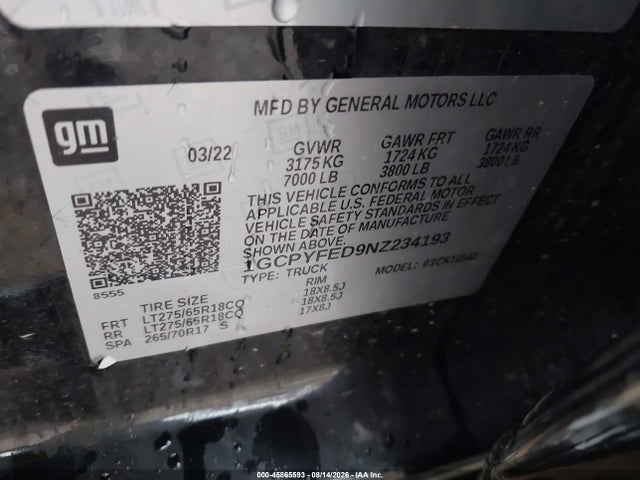 1GCPYFED9NZ234193 Chevrolet Silverado 1500 Ltd 4wd Short Bed Lt Trail Boss