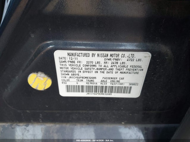 45865606 :رقم المزاد ، JN1CV6AP8CM932685 vin ، 2012 Infiniti G37 Journey مزاد بيع