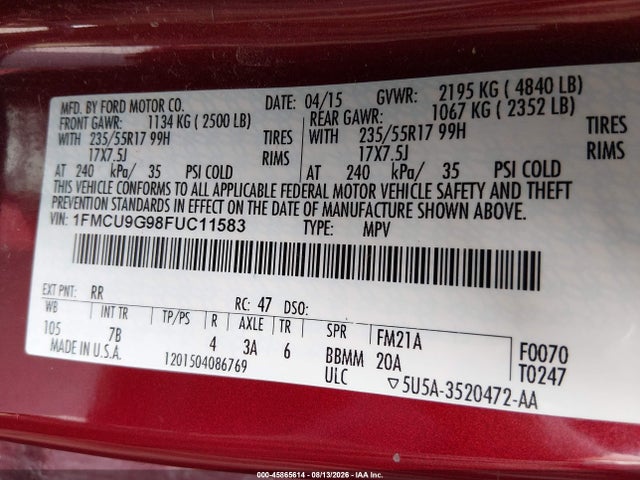 45865614 :رقم المزاد ، 1FMCU9G98FUC11583 vin ، 2015 Ford Escape Se مزاد بيع
