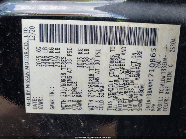 Продаж на аукціоні авто 2021 Nissan Rogue Sv Fwd, vin: 5N1AT3BAXMC710865, номер лоту: 45865625
