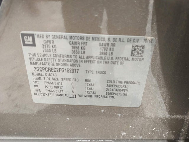 45865624 :رقم المزاد ، 3GCPCREC2FG152377 vin ، 2015 Chevrolet Silverado 1500 Lt مزاد بيع