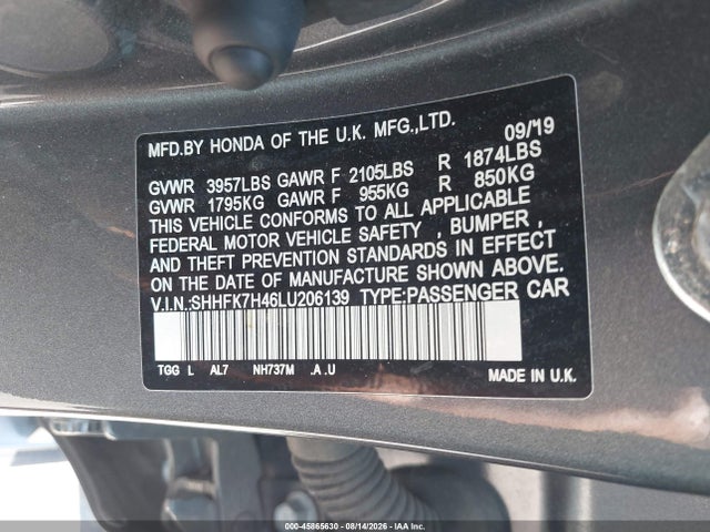 45865630 :رقم المزاد ، SHHFK7H46LU206139 vin ، 2020 Honda Civic Sport مزاد بيع