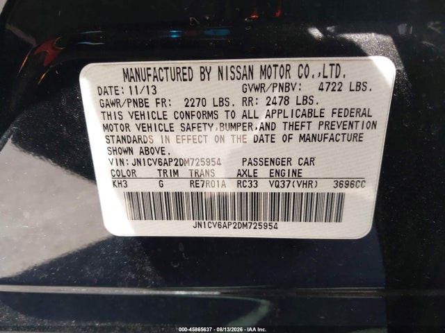 2013 Infiniti G37 Journey მანქანა იყიდება აუქციონზე, vin: JN1CV6AP2DM725954, აუქციონის ნომერი: 45865637