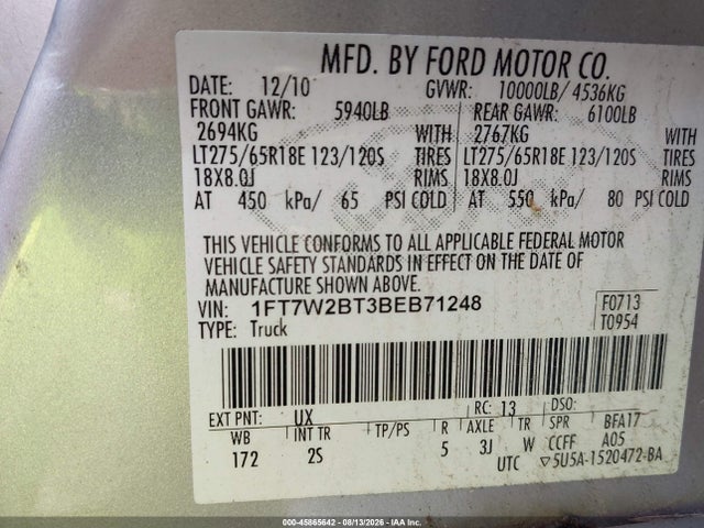 Продажа на аукционе авто 2011 Ford F-250 Xlt, vin: 1FT7W2BT3BEB71248, номер лота: 45865642