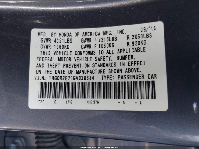 Honda ACCORD EX 2016 1HGCR2F71GA038684 Image 9