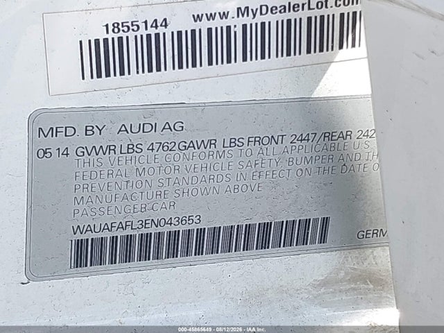 Продажа на аукционе авто 2014 Audi A4 2.0t Premium, vin: WAUAFAFL3EN043653, номер лота: 45865649