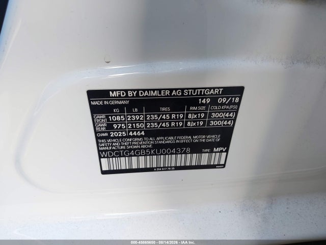 Продажа на аукционе авто 2019 Mercedes-benz Gla 250 4matic, vin: WDCTG4GB5KU004378, номер лота: 45865650
