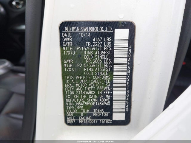 2014 Nissan Juke Sl მანქანა იყიდება აუქციონზე, vin: JN8AF5MVXET484940, აუქციონის ნომერი: 45865654