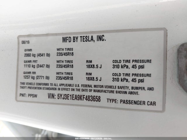 Продаж на аукціоні авто 2019 Tesla Model 3, vin: 5YJ3E1EA9KF483658, номер лоту: 45865659