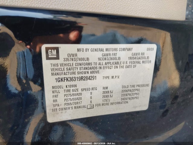 45865662 :رقم المزاد ، 1GKFK36319R284291 vin ، 2009 Gmc Yukon Xl Slt W/4sb مزاد بيع