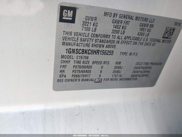 45865665 :رقم المزاد ، 1GNSCBKC8HR156255 vin ، 2017 Chevrolet Tahoe Lt مزاد بيع