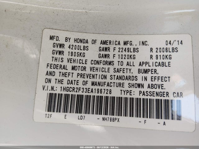 1HGCR2F33EA196728 Honda ACCORD LX