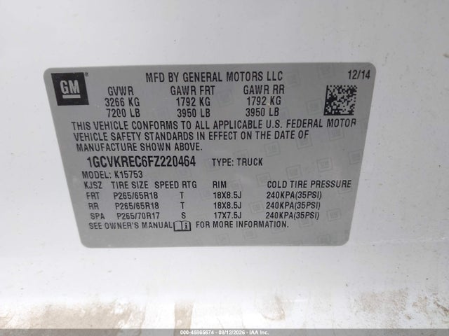 45865674 :رقم المزاد ، 1GCVKREC6FZ220464 vin ، 2015 Chevrolet Silverado 1500 Lt مزاد بيع