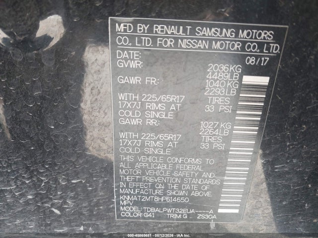 45865681 :رقم المزاد ، KNMAT2MT8HP614650 vin ، 2017 Nissan Rogue S مزاد بيع