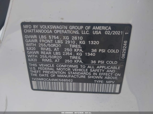 45865686 :رقم المزاد ، 1V2WR2CA4MC568562 vin ، 2021 Volkswagen Atlas 3.6l V6 Se W/technology مزاد بيع