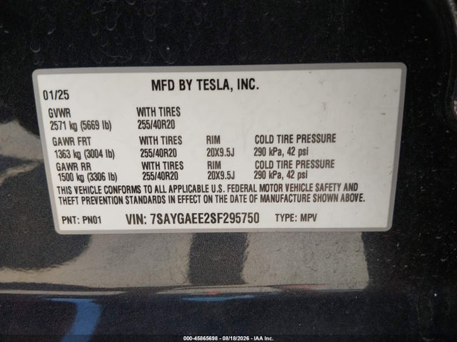 Продажа на аукционе авто 2025 Tesla Model Y Long Range Dual Motor All-wheel Drive, vin: 7SAYGAEE2SF295750, номер лота: 45865698
