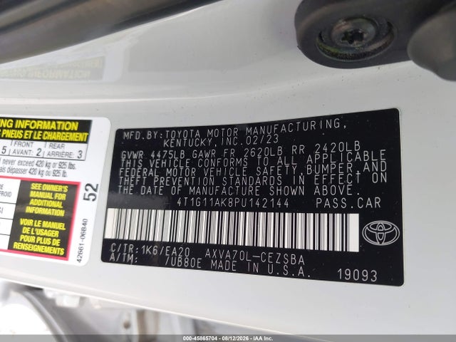 2023 Toyota Camry Se მანქანა იყიდება აუქციონზე, vin: 4T1G11AK8PU142144, აუქციონის ნომერი: 45865704