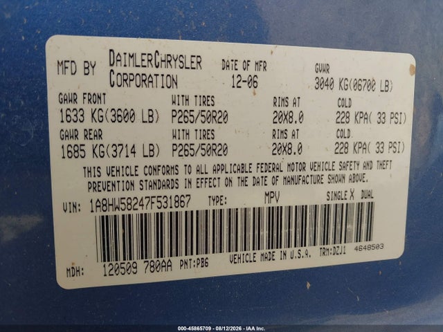 45865709 :رقم المزاد ، 1A8HW58247F531867 vin ، 2007 Chrysler Aspen Limited مزاد بيع