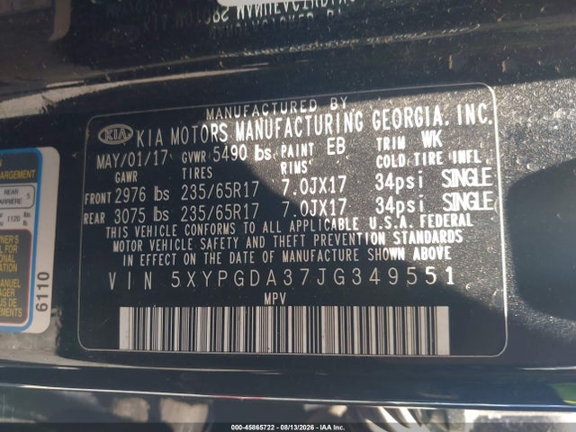 Aukcja sprzedaży 2018 Kia Sorento 2.4l Lx, vin: 5XYPGDA37JG349551, numer aukcji: 45865722