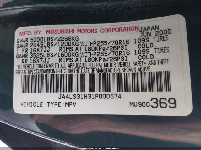 Aukcja sprzedaży 2001 Mitsubishi Montero Sport Xls, vin: JA4LS31H31P000574, numer aukcji: 45865724