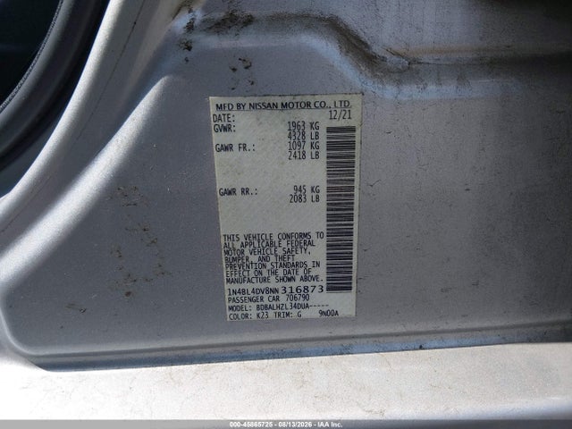 45865725 :رقم المزاد ، 1N4BL4DV8NN316873 vin ، 2022 Nissan Altima Sv Fwd مزاد بيع