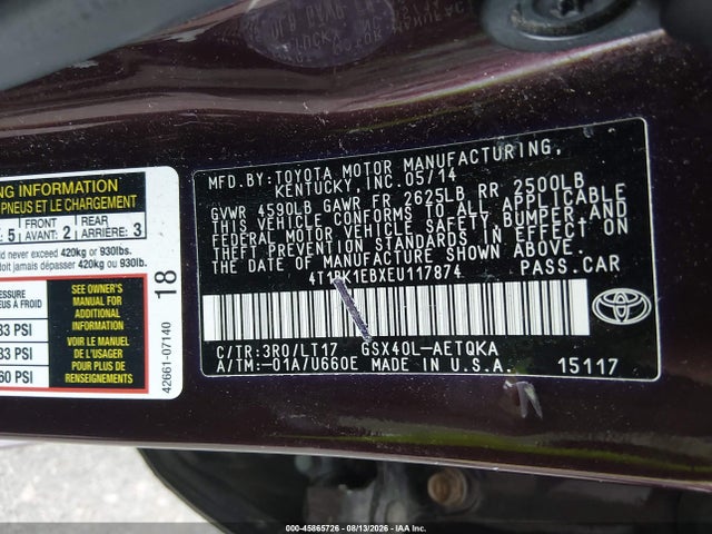 2014 Toyota Avalon მანქანა იყიდება აუქციონზე, vin: 4T1BK1EBXEU117874, აუქციონის ნომერი: 45865726