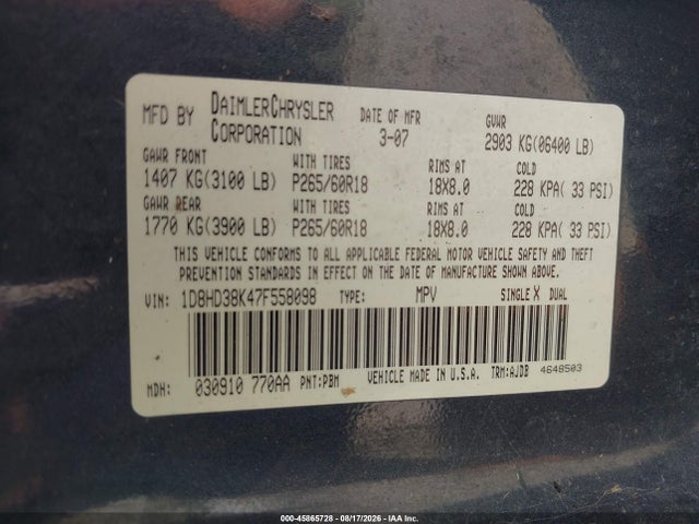 45865728 :رقم المزاد ، 1D8HD38K47F558098 vin ، 2007 Dodge Durango Sxt مزاد بيع