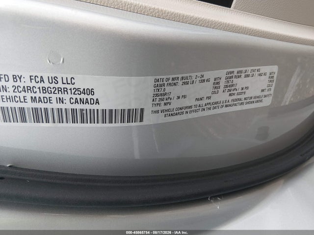 Aukcja sprzedaży 2024 Chrysler Pacifica Touring L, vin: 2C4RC1BG2RR125406, numer aukcji: 45865754