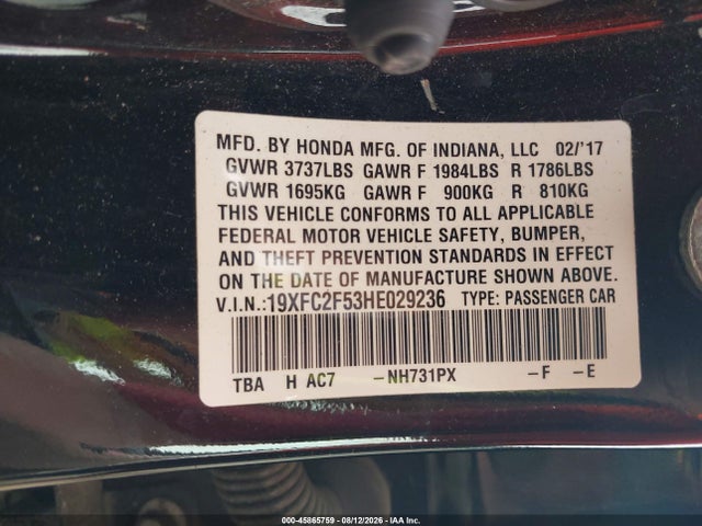 2017 Honda Civic Lx მანქანა იყიდება აუქციონზე, vin: 19XFC2F53HE029236, აუქციონის ნომერი: 45865759
