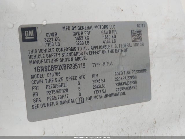 Продаж на аукціоні авто 2011 Chevrolet Tahoe Lt, vin: 1GNSCBE0XBR395119, номер лоту: 45865761