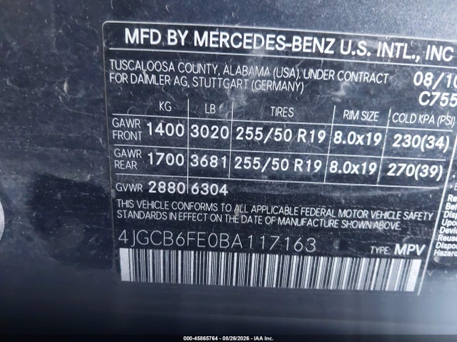 45865764 :رقم المزاد ، 4JGCB6FE0BA117163 vin ، 2011 Mercedes-benz R 350 4matic مزاد بيع