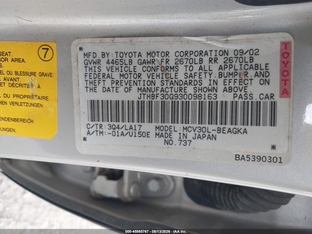 45865767 :رقم المزاد ، JTHBF30G930098163 vin ، 2003 Lexus Es 300 مزاد بيع
