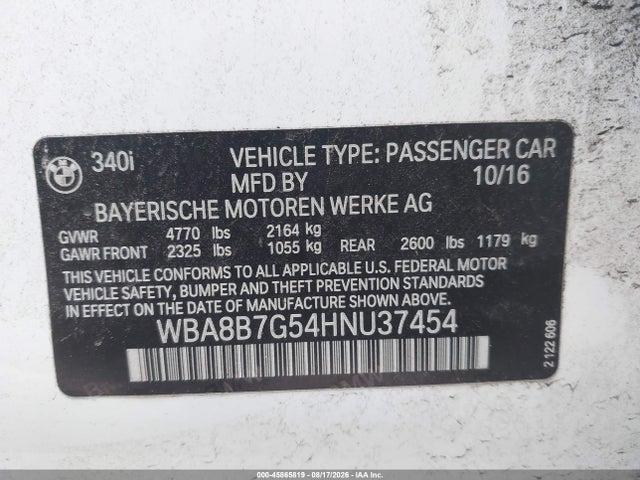 45865819 :رقم المزاد ، WBA8B7G54HNU37454 vin ، 2017 Bmw 340i Xdrive مزاد بيع