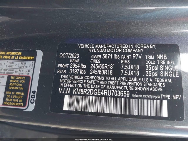Продажа на аукционе авто 2024 Hyundai Palisade Sel, vin: KM8R2DGE4RU703659, номер лота: 45865826
