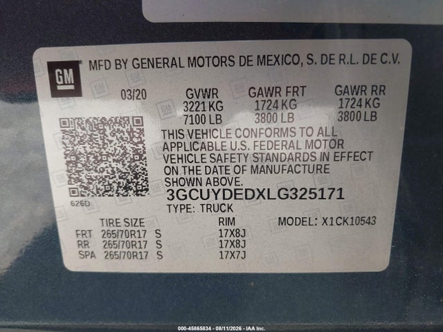 Продажа на аукционе авто 2020 Chevrolet Silverado 1500 4wd  Short Bed Lt, vin: 3GCUYDEDXLG325171, номер лота: 45865834