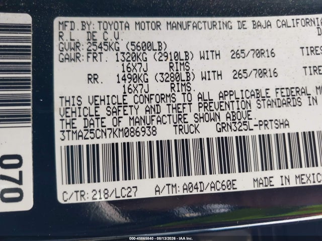 Aukcja sprzedaży 2019 Toyota Tacoma Trd Off Road, vin: 3TMAZ5CN7KM086938, numer aukcji: 45865840