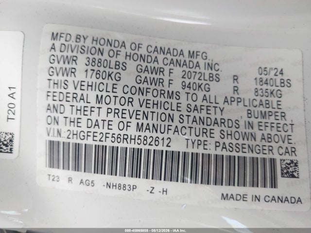 Honda Civic Sport 2024 2HGFE2F56RH582612 Image 9