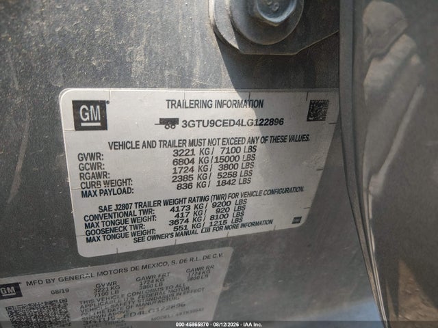 Продаж на аукціоні авто 2020 Gmc Sierra 1500 4wd  Short Box Elevation, vin: 3GTU9CED4LG122896, номер лоту: 45865870