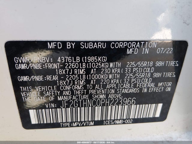 Aukcja sprzedaży 2023 Subaru Crosstrek Limited, vin: JF2GTHNC0PH223966, numer aukcji: 45865872