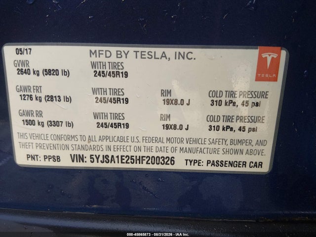 2017 Tesla Model S 100d/60d/75d/90d/p100d მანქანა იყიდება აუქციონზე, vin: 5YJSA1E25HF200326, აუქციონის ნომერი: 45865873