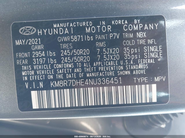 45865874 :رقم المزاد ، KM8R7DHE4NU336451 vin ، 2022 Hyundai Palisade Calligraphy مزاد بيع