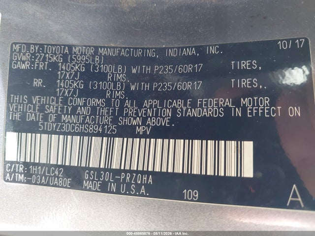 5TDYZ3DC6HS894125 Toyota Sienna Xle Premium 8 Passenger