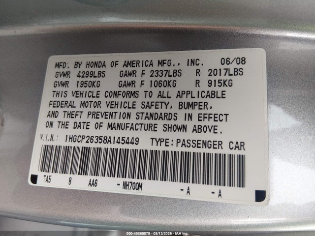 Продаж на аукціоні авто 2008 Honda Accord 2.4 Lx, vin: 1HGCP26358A145449, номер лоту: 45865879